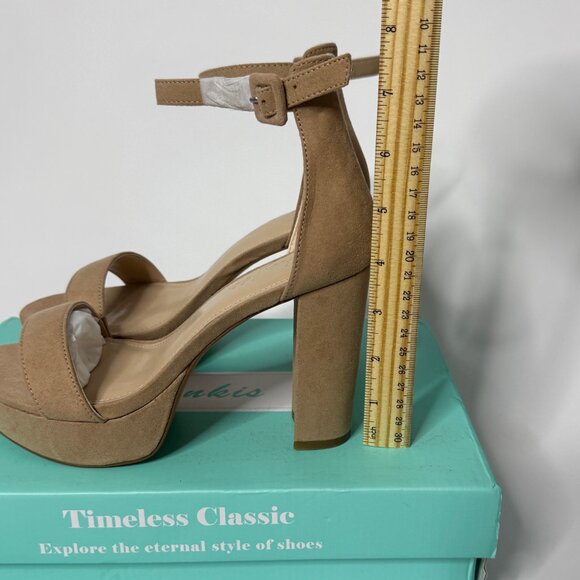 🤎 Beige Faux Suede Platform Block Heel Sandals Heels with Ankle Strap | Size 6 - Picture 2 of 8